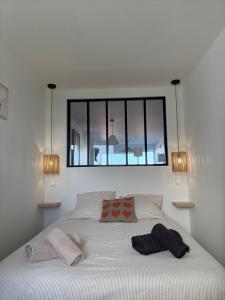 a bedroom with a bed with a window above it at Cozy T2 - L'Herbaudière - 200m de la plage in Noirmoutier-en-l'lle