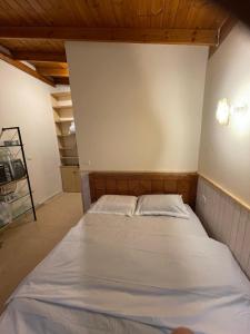 een slaapkamer met een groot bed in een kamer bij The olive tree in Harduf