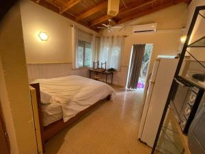 een slaapkamer met een wit bed in een kamer bij The olive tree in Harduf +9 foto's