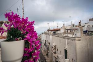 a vase filled with flowers sitting on a balcony at Nivèra White Allure Maison in Ostuni