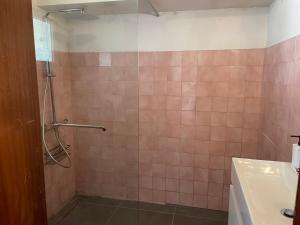 ein Badezimmer mit Dusche mit Glastür in der Unterkunft Ocean Retreat in Fajã da Ovelha