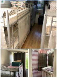 two pictures of a room with bunk beds and a bathroom at Female dorm- Femme dortoir Paris 8pm-10am in Bobigny