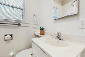 ein weißes Badezimmer mit Waschbecken und Toilette in der Unterkunft Main Street Brick Cottage in Brevard + 11 Fotos