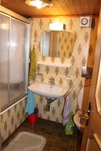 a small bathroom with a sink and a shower at Chalet Talblick, alte Gasse 40 in Saas-Grund