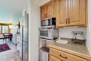 a kitchen with wooden cabinets and a stainless steel refrigerator at Million Dollar View- 419 in Rockwood
