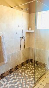 una ducha con puerta de cristal en un baño en Serene guesthouse, en Manzini