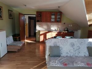 a living room with a couch and a kitchen at Penzion Helena a chata Helena in Střílky