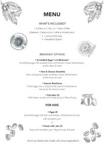 a page of a menu with drawings of coffee beans at Aldea Xaan Ha Tulum in Tulum