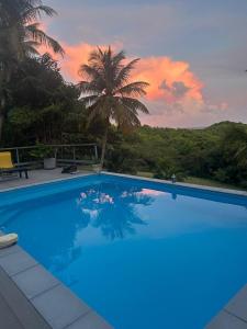 een blauw zwembad met een zonsondergang op de achtergrond bij Villa Goyave in Le Robert