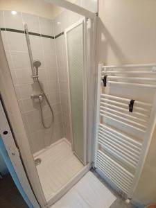 una ducha con puerta de cristal en un baño en Le Saint Georges, en Chinon