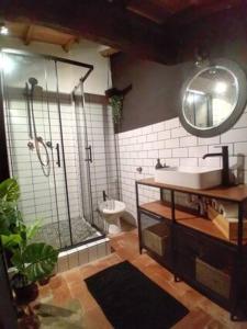 Un baño con ducha, lavabo e inodoro. en Pub house, en Lucca