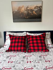 a bed with two red and black checked pillows at Amazing Views, Northern Lights, Stargazing Entire Guest Suite in Golden, BC Canada in Golden +27 photos