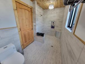 a bathroom with a toilet and a wooden door at Private Retreat with Pond, Pool and Hot Tub in Boyd +19 photos