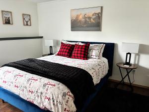 a bedroom with a bed with red and black pillows at Amazing Views, Northern Lights, Stargazing Entire Guest Suite in Golden, BC Canada in Golden