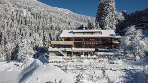 施伦斯Chalet Christl Panorama Appartements的山前的积雪覆盖的建筑