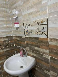 a bathroom with a sink and birds on the wall at منزل نوبي إضافة in Aswan