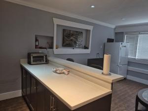 a kitchen with a counter with a microwave and a refrigerator at Enjoy Life in Heart of North Delta in Delta