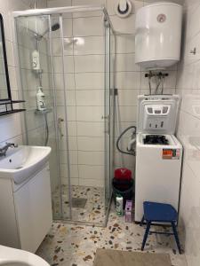 Munka-LjungbyにあるCabin within walking distance of Västersjönのシャワー、トイレ、洗面台を備えたバスルーム