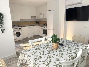 a kitchen with a dining room table with a plant on it at Apartamentos Consuegra frente a los molinos in Consuegra