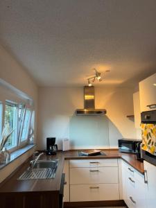 a kitchen with a sink and a microwave at FeWo Im Drosselnest in Hechingen