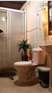 a bathroom with a toilet and a shower and a plant at INTI & QUILLA Appartments in Sibundoy