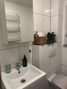 een witte badkamer met een wastafel en een spiegel bij FeWo Im Drosselnest in Hechingen