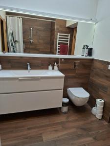 ein Badezimmer mit Waschbecken und Toilette in der Unterkunft Sodyba jūsų poilsiui ant ežero kranto in Giedraičiai