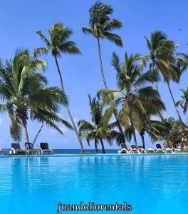 a pool with palm trees and chairs on the beach at ocean view juan dolió in La Puntica de Juan Dolio