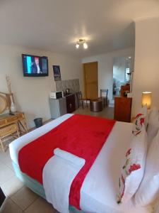 ein Schlafzimmer mit einem großen Bett mit einer roten Decke in der Unterkunft Neo & Ruks Guest Houses Boston Belleville 8 in Bellville