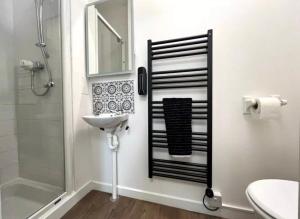 a bathroom with a shower and a sink and a mirror at Cosy Hideaway in Stirling +4 photos