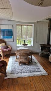 ネルトゥメにあるCabaña Huilinのリビングルーム(テーブル、ラグ付)