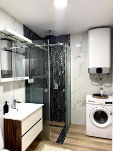 a bathroom with a shower and a washing machine at Stan na dan Bogdan Ub in Ub +29 photos