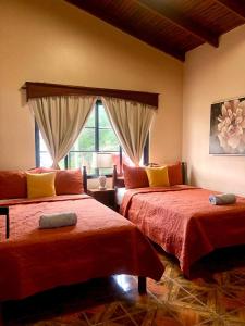 een slaapkamer met twee bedden en een raam bij Hostal Marias in Copan Ruinas