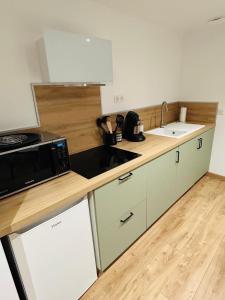 a kitchen with a counter and a sink and a microwave at Appartement au calme in Saint-Denis-sur-Loire