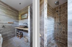 Dos vistas de un baño con ducha. en Villa Nami, en Denekamp 10 fotos más