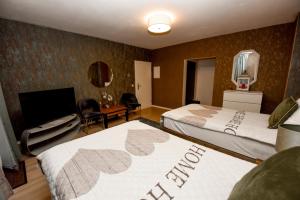 ein Hotelzimmer mit zwei Betten und einem Fernseher in der Unterkunft Haus Thomas Deluxe 3 in Dortmund