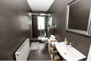 ein Badezimmer mit Waschbecken, Toilette und Spiegel in der Unterkunft Haus Thomas Deluxe 3 in Dortmund