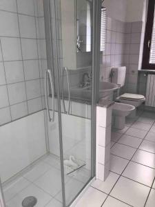 a bathroom with a shower and a sink and a toilet at Ca' del Maharajà in Gargallo