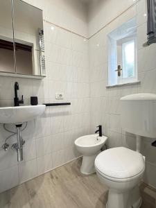une salle de bains blanche avec toilettes et lavabo dans l'établissement Le Mura Parlanti apartment, à Lucques 21 autres photos