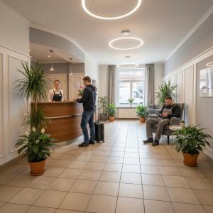 Un hombre de pie en un mostrador en un vestíbulo. en Pension & Monteurzimmer - Free Parking & 24h Check-in Bielefeld, en Bielefeld