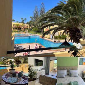 eine Collage mit Bildern eines Resorts mit einem Pool in der Unterkunft Atlantic Garden Andrew apartments Pool air conditioning in Corralejo