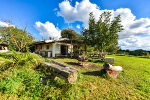 uma casa com um banco em um campo em La Collina dei Ciliegi em Pecetto