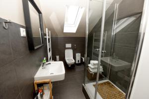 ein Badezimmer mit Waschbecken, Dusche und Toilette in der Unterkunft Haus Thomas Deluxe 4 in Dortmund