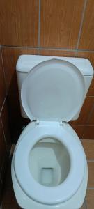 a white toilet in a bathroom with wooden walls at AP da val 3 no coração de Manaus in Manaus
