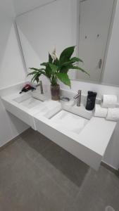 a white bathroom sink with a potted plant on it at Pousada Mahalo in Guarujá