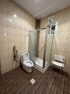 a bathroom with a toilet and a shower and a phone at Central location in the city center, two-room apartment in Baljurashi +7 photos