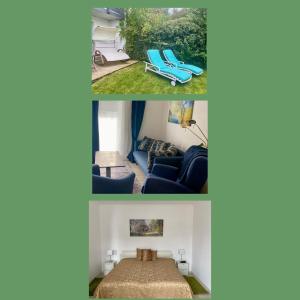 a collage of three pictures of a room at 2 Zimmer Ferienwohnung mit Terrasse fußläufig zu S-Bahn nach München und See in Wörthsee