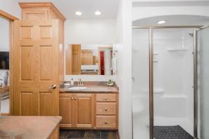 a bathroom with a shower and a sink at Stevens Point Getaway - HUGE 5 bedroom Home 3 Full Bath in Stevens Point