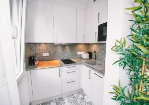 een witte keuken met witte kasten en een spoelbak bij Stylish Studio in the Heart of Luxembourg City in Luxemburg