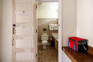 a bathroom with a toilet and a red suitcase at The Billy Motel Pet Friendly Room with Charm in Davis